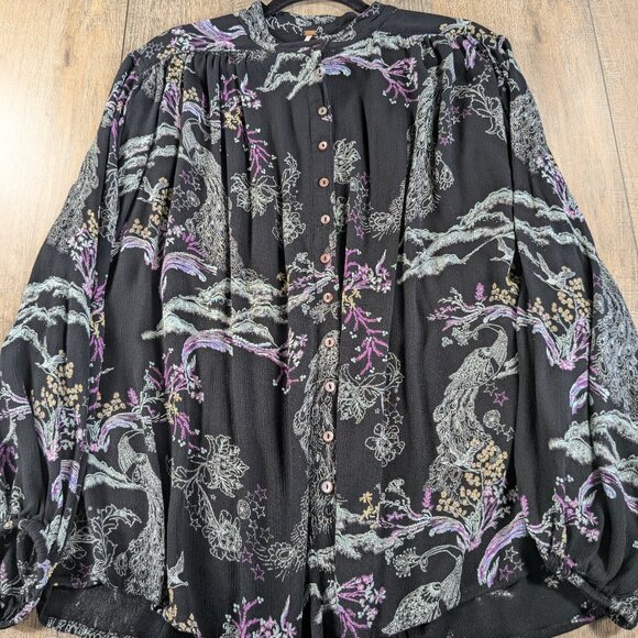 Free People Tunic Top Womens Small Black Floral Long Sleeve Oversized Flowy BOHO - Picture 1 of 9